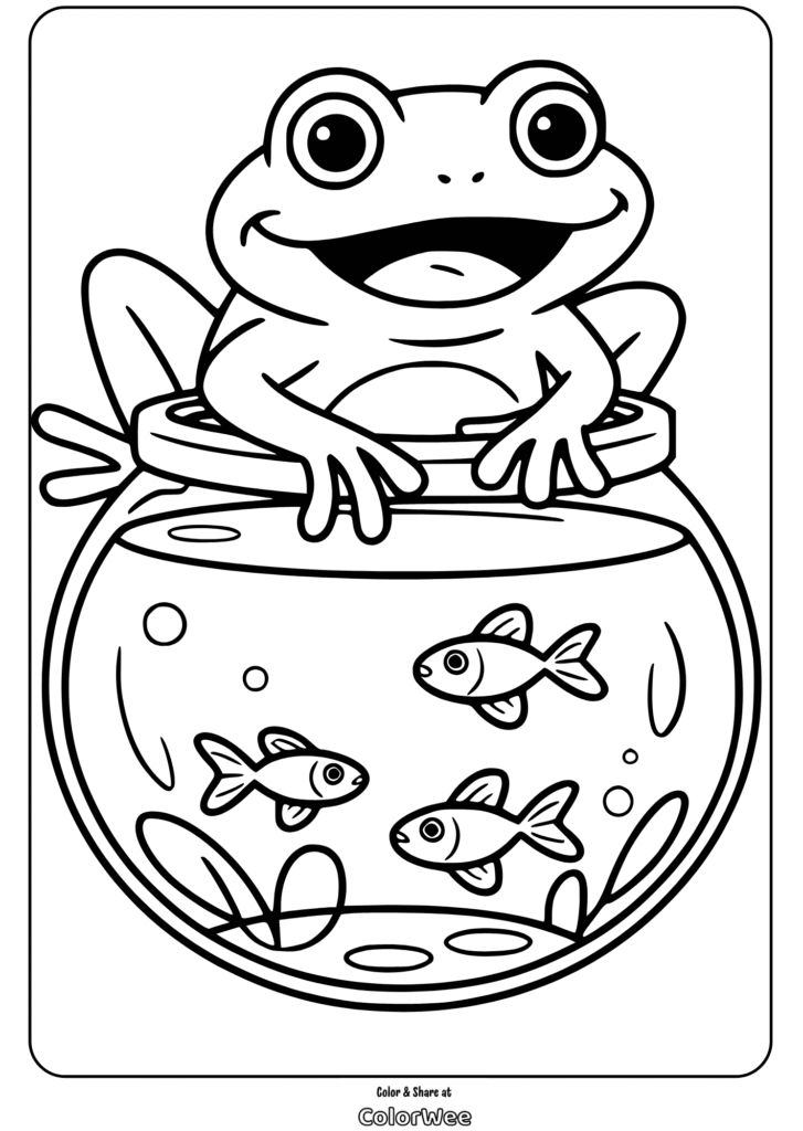 Frog on fishbowl coloring page, fun and creative activity for kids.