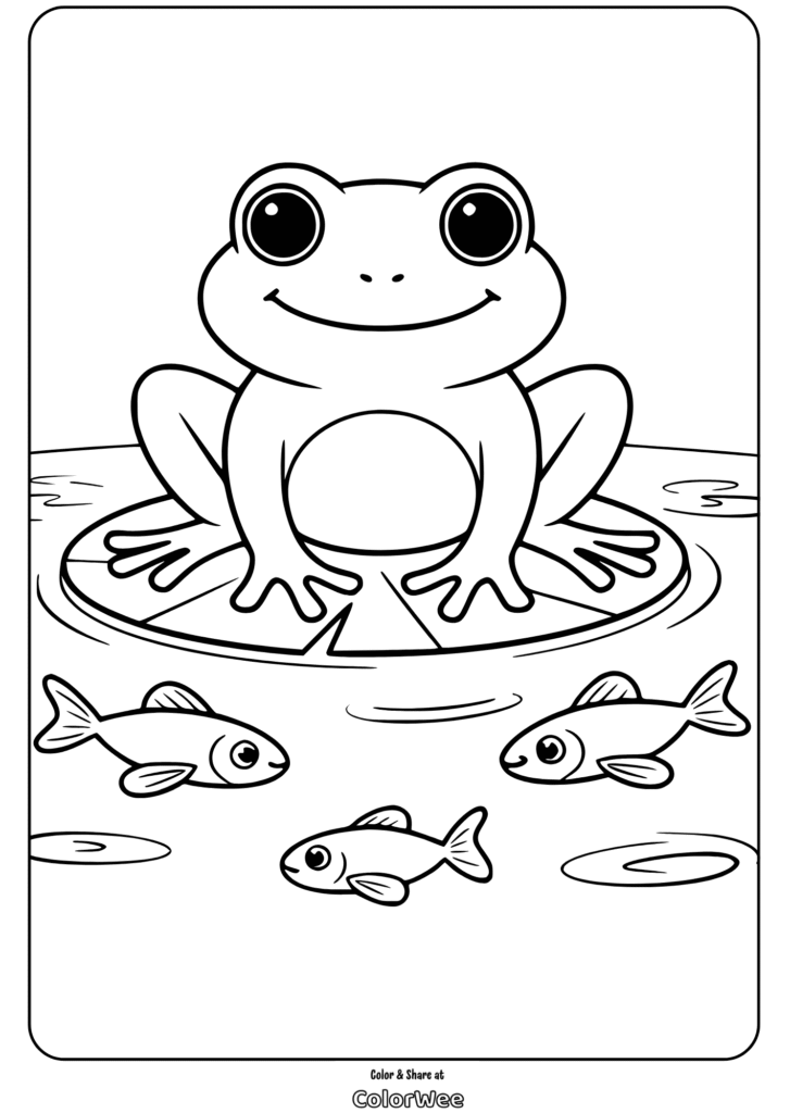 Frog on lily pad with fish coloring page.