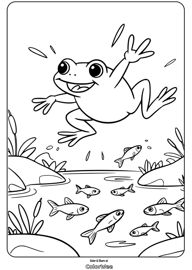 Jovial frog leaping over a pond with fish and greenery coloring page.
