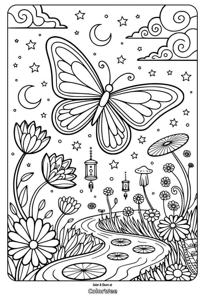 Butterfly and flowers in a starry night coloring page.