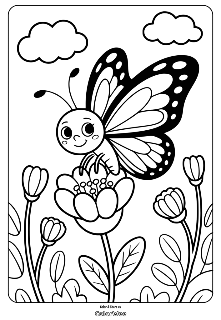 Cute butterfly on flower coloring page for kids.
