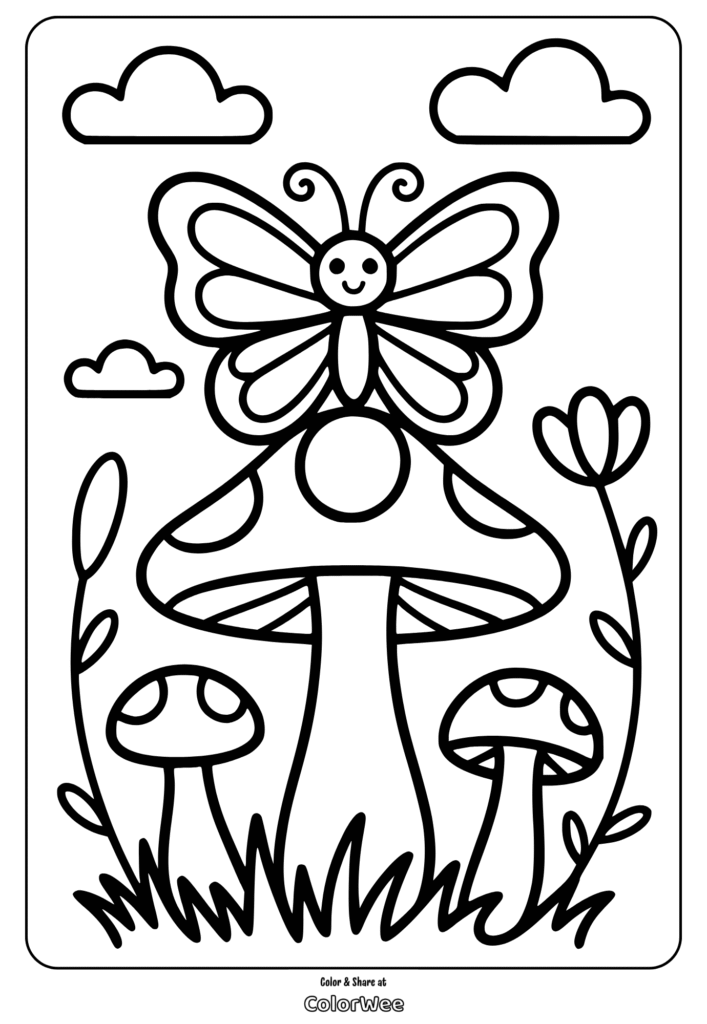 Butterfly and mushrooms coloring page with clouds and flowers.