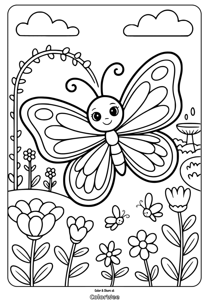 Cute butterfly coloring page with flowers and smiling bees.