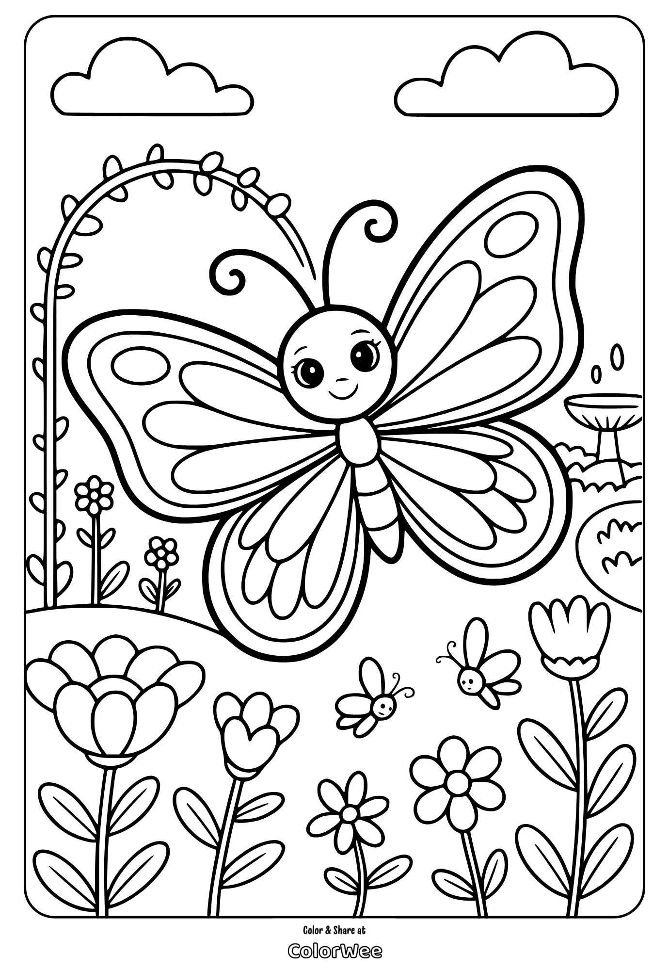 Cute butterfly coloring page with flowers and smiling bees.