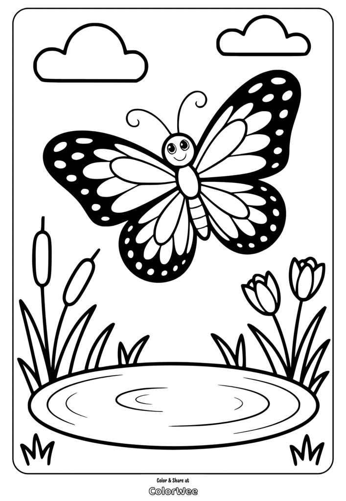 Butterfly coloring page with flowers and pond scene.