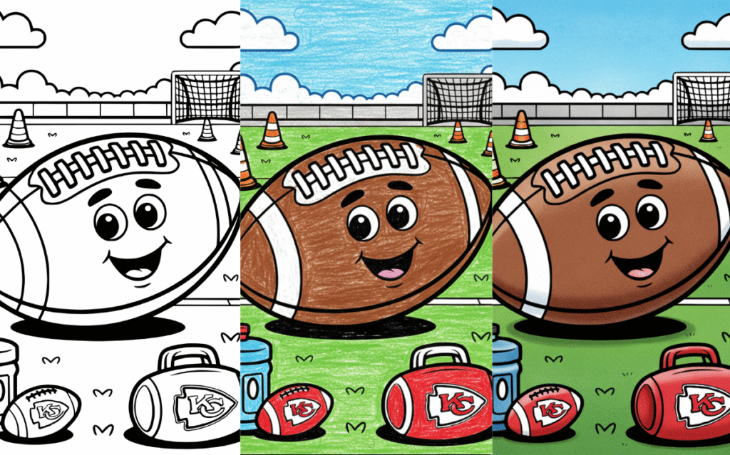 Smiling football character in field with goalposts and skies.