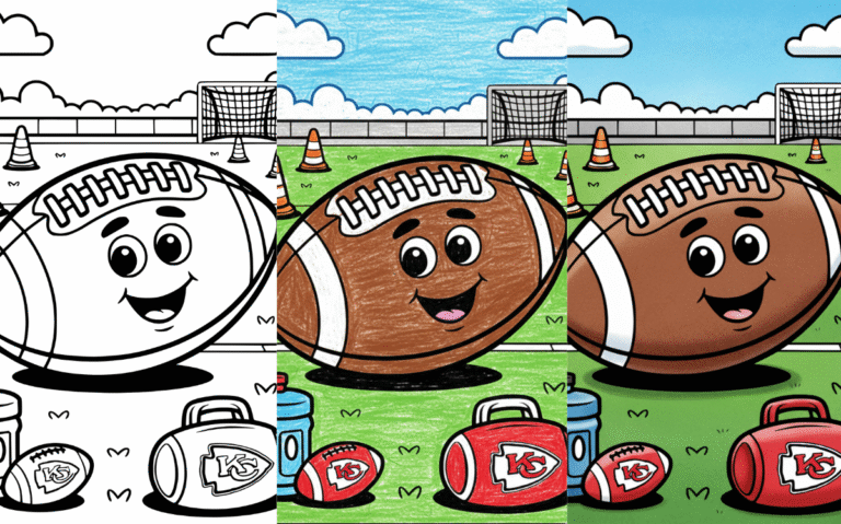 Smiling football character in field with goalposts and skies.