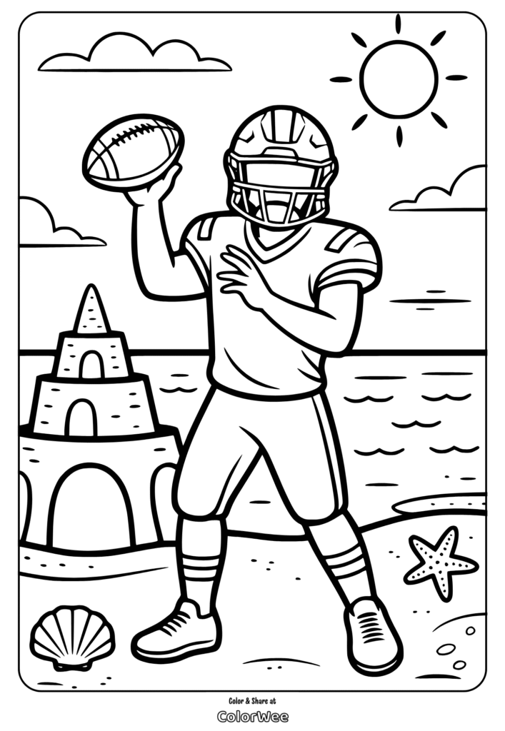 Football player by seaside with sandcastle coloring page.