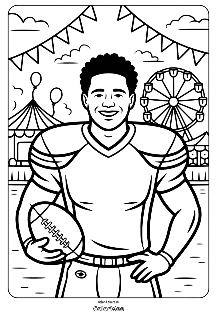 Football player at fair, holding ball with Ferris wheel background coloring page.