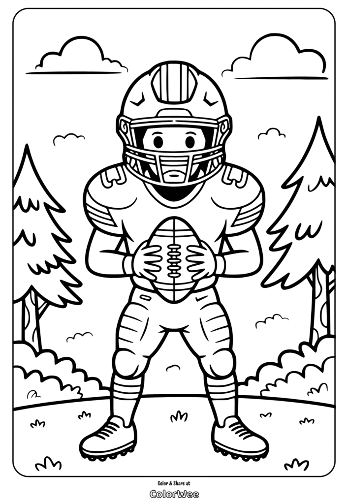 Coloring page of a cartoon football player holding a ball in a field.