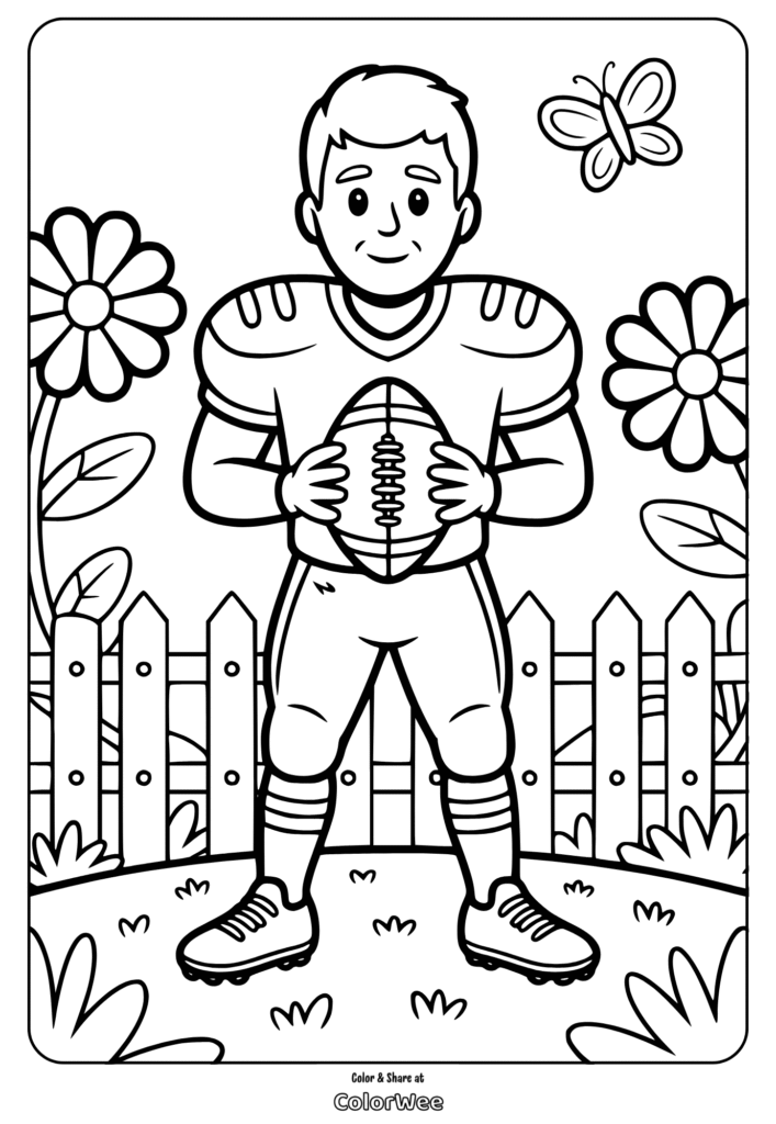 Football player coloring page with flowers and butterfly.