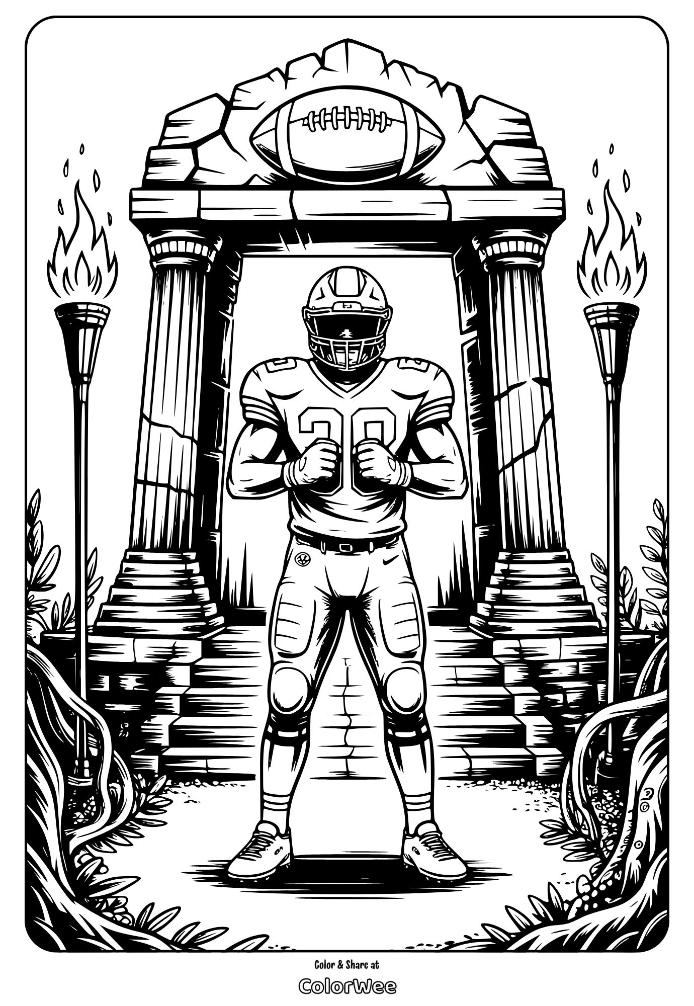 Football player in gear under ancient arch coloring page.