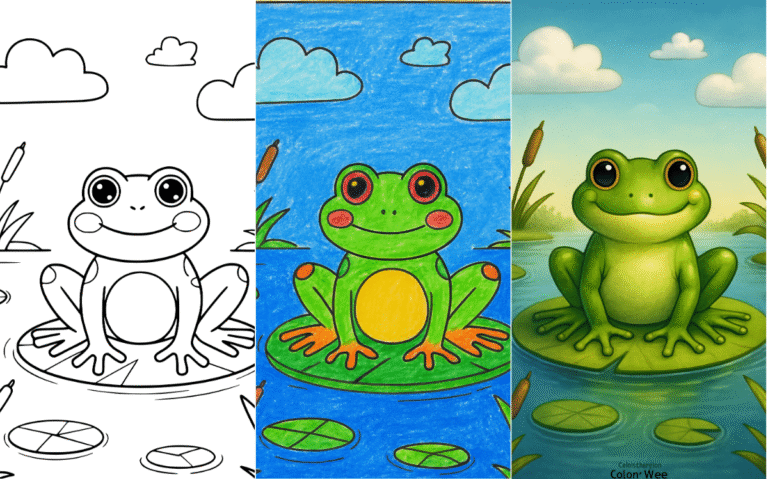 Cartoon frog sitting on lily pad coloring page.