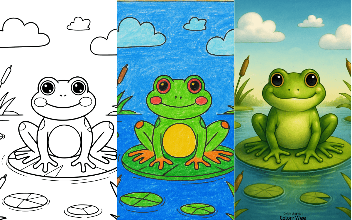 Cartoon frog sitting on lily pad coloring page.