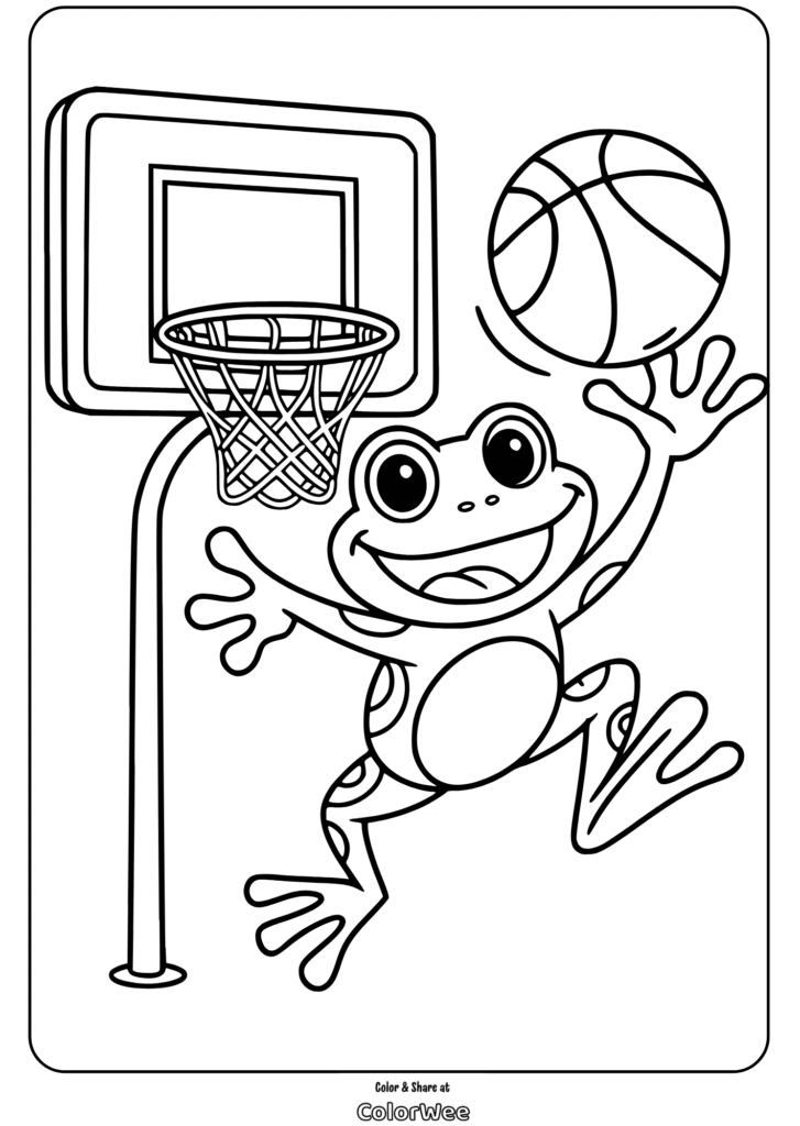 Frog playing basketball coloring page for kids.