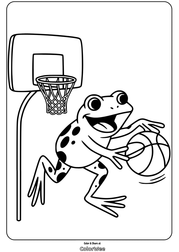 Frog playing basketball coloring page for kids.