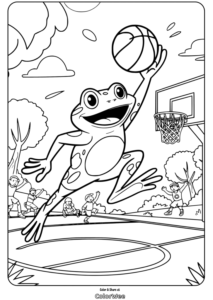 Frog dunking basketball coloring page for kids.