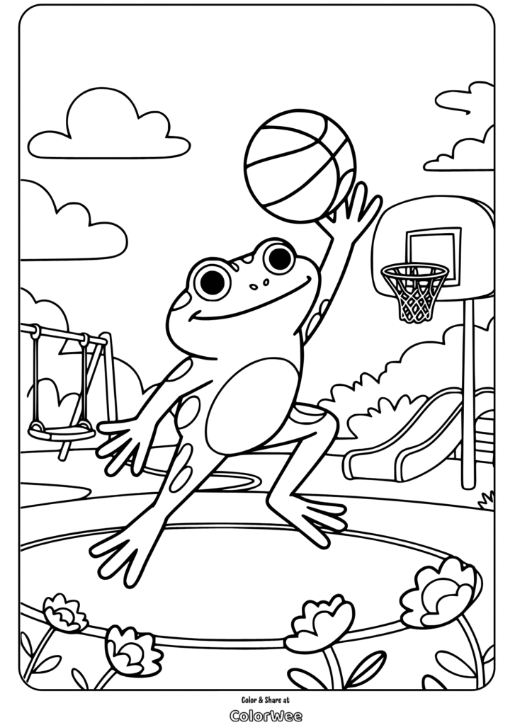 Frog playing basketball coloring page in playground.