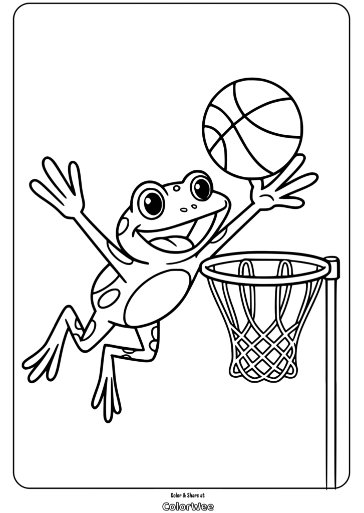 Frog playing basketball coloring page, perfect for kids' fun activities.