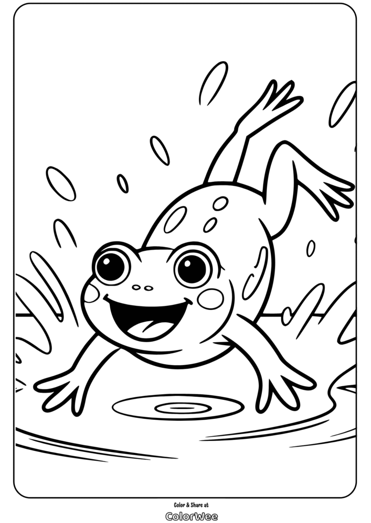 Happy frog jumping in water coloring page for kids.
