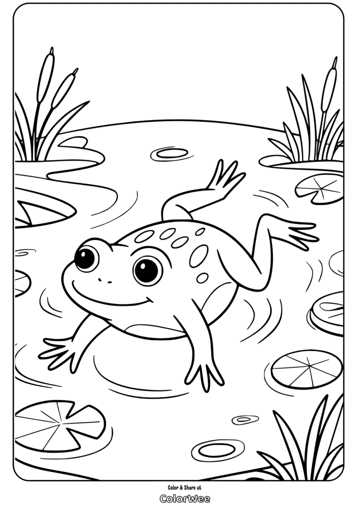 Frog in pond coloring page with lily pads and cattails