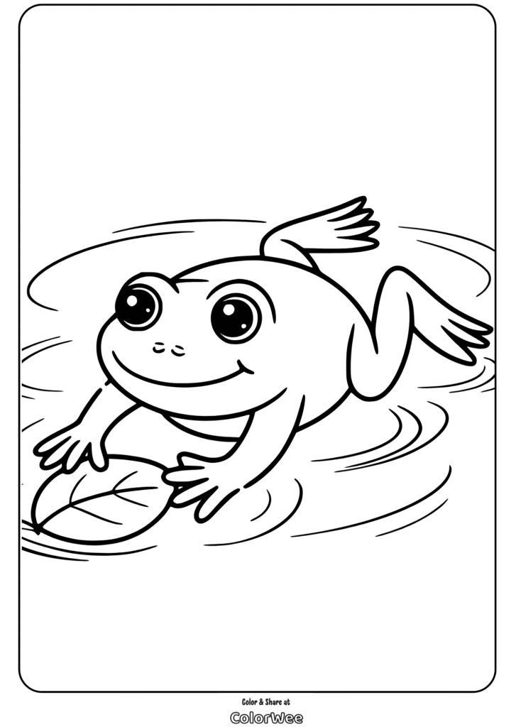 Playful frog on lily pad coloring page.
