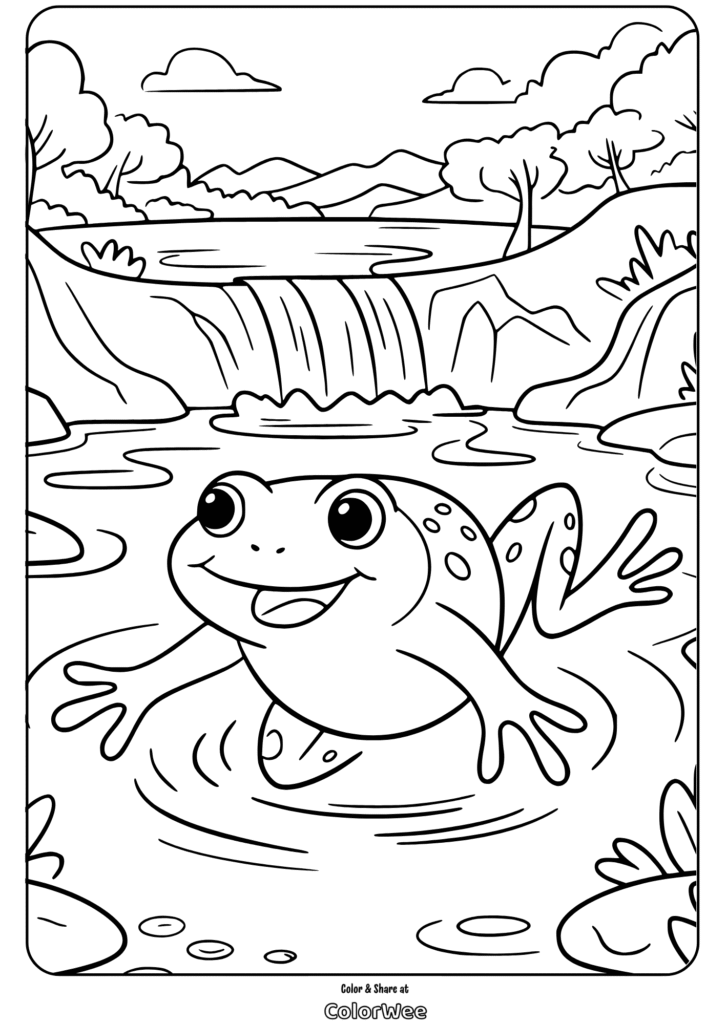 Frog coloring page by a waterfall scene. Perfect for kids.