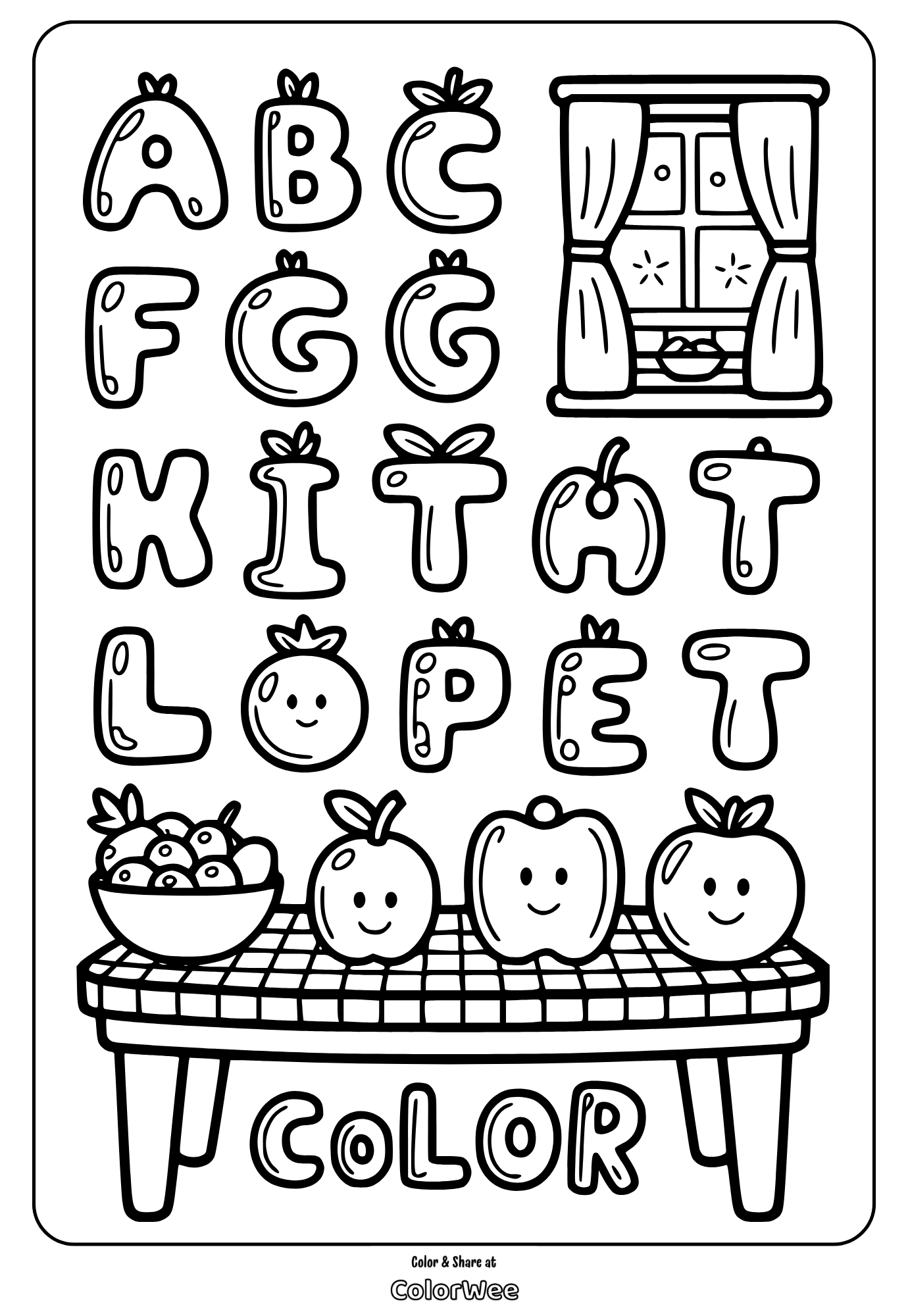 Coloring page with fruit-themed alphabet letters and smiling apples.