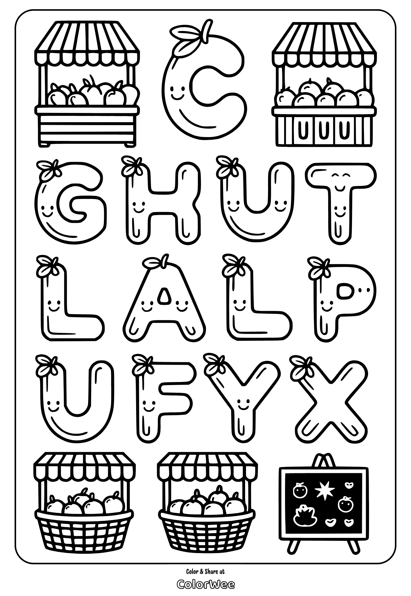 Fruit alphabet coloring page with smiling letters and fruit baskets.