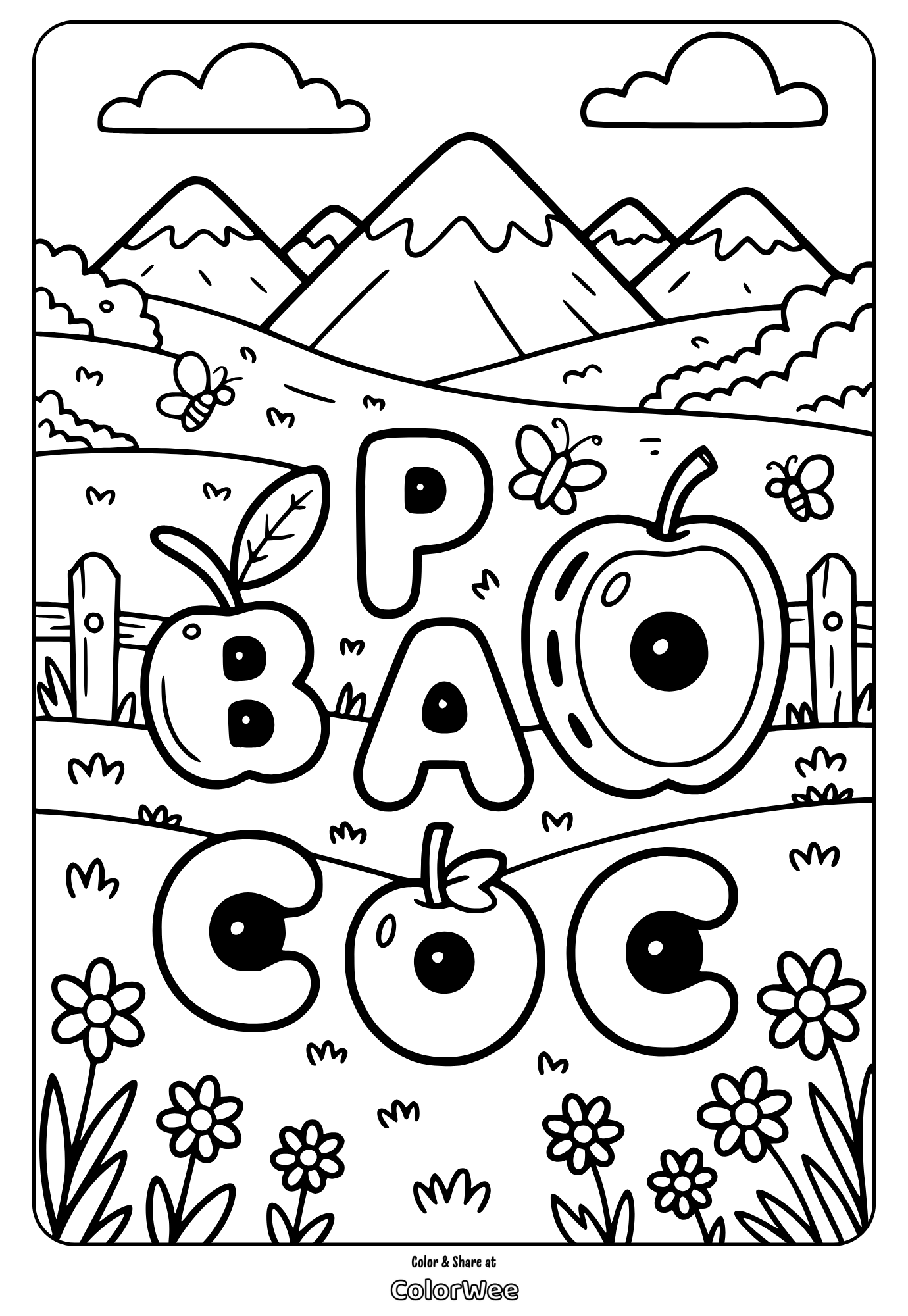 Nature scenery with mountains, apples, and flowers coloring page.