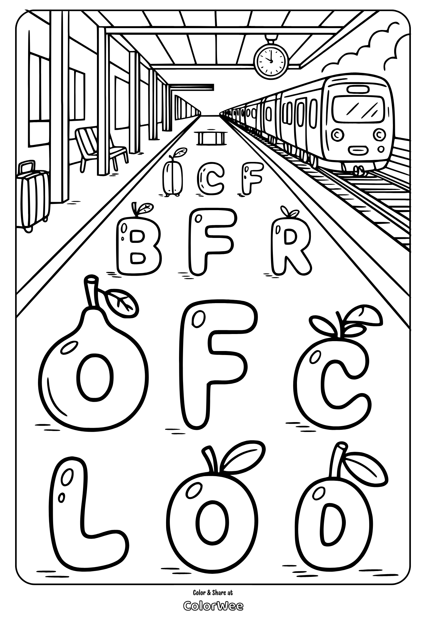 Train station coloring page with fruit-themed letters.