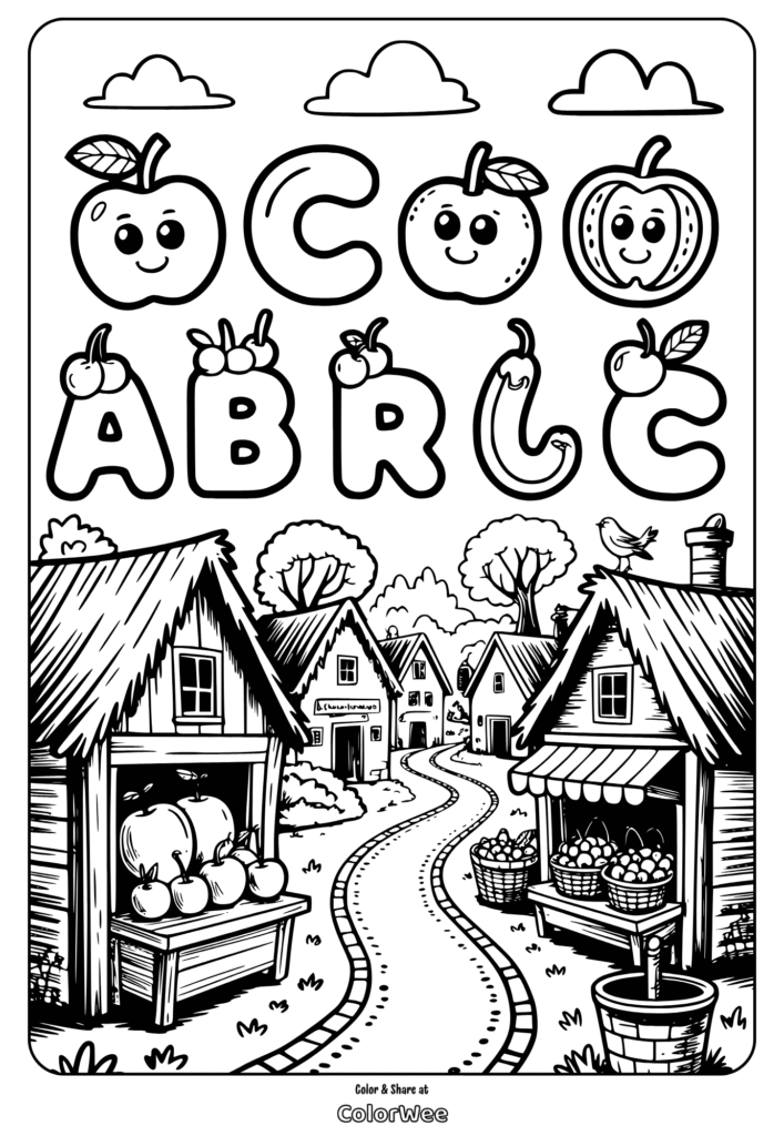 Alphabet fruit village coloring page for kids' creative fun.