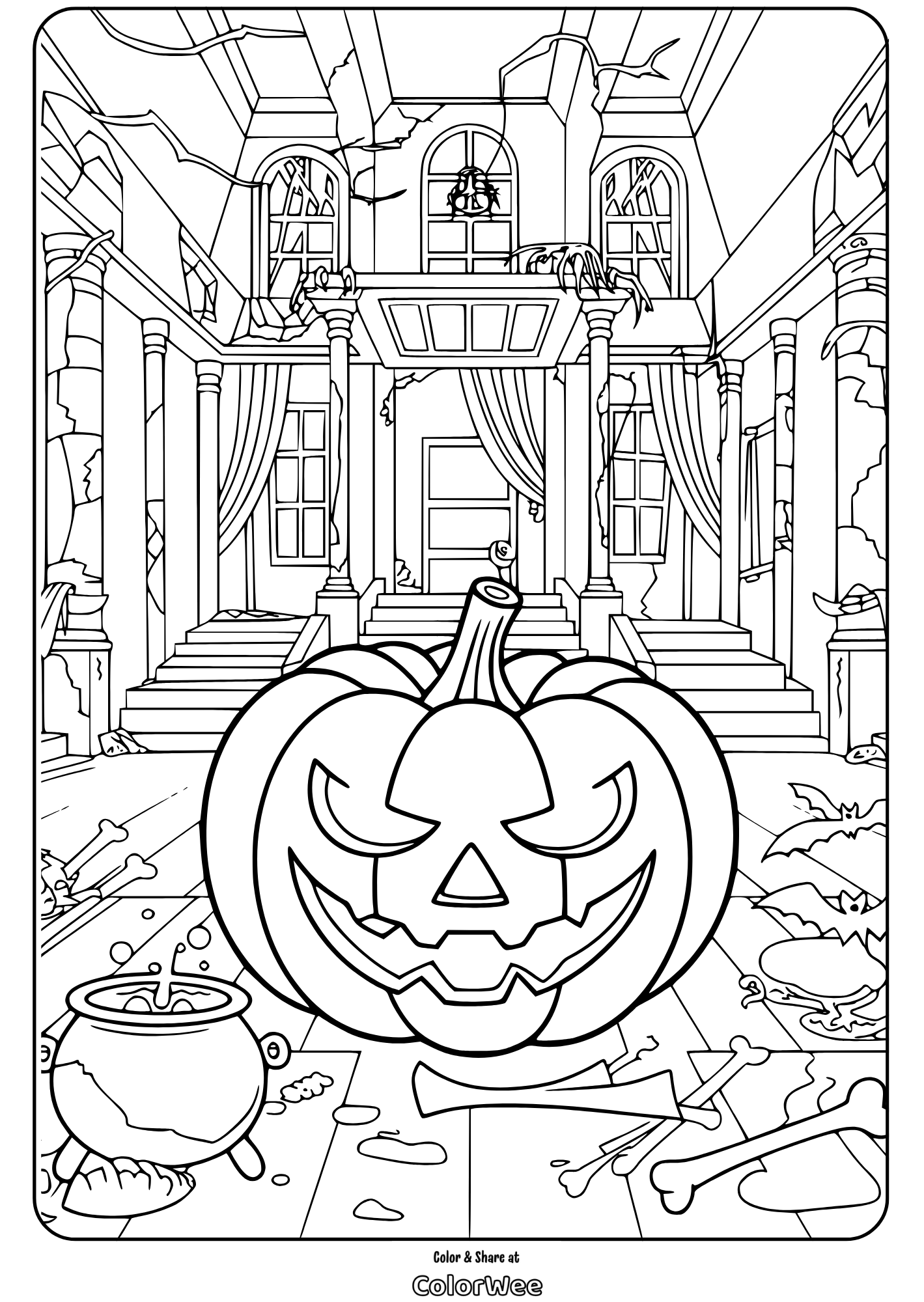 Spooky Halloween jack-o'-lantern coloring page with haunted house.