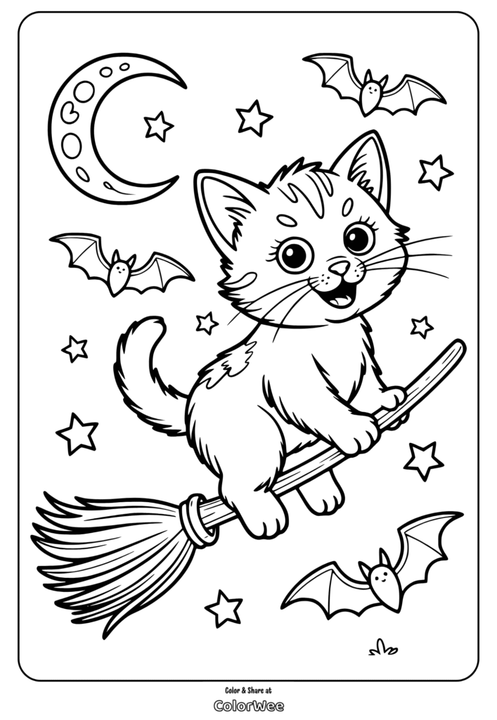 Cute kitten on broomstick with bats and stars coloring page.