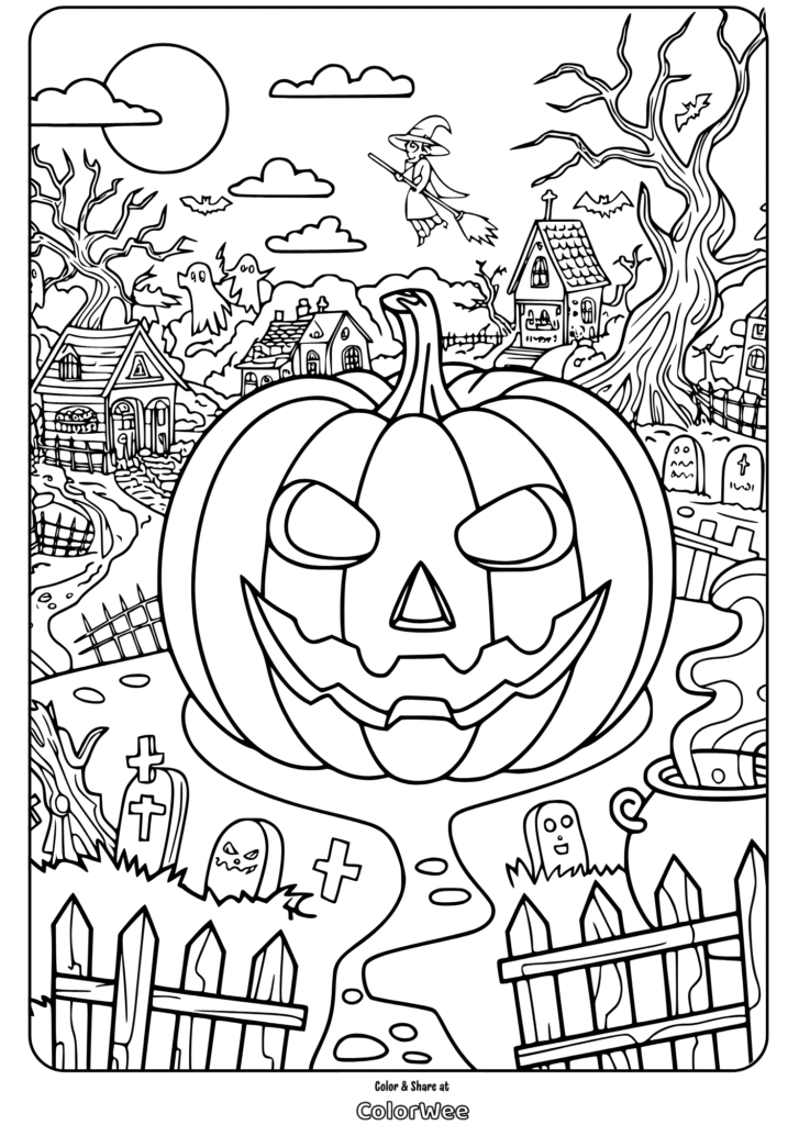 Halloween pumpkin coloring page with haunted village and witch.