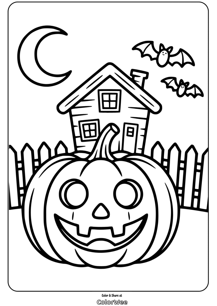 Pumpkin, haunted house, moon, bats coloring page for Halloween activities.