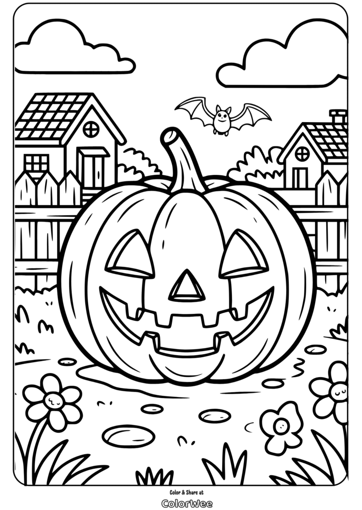 Halloween pumpkin coloring page with a bat and houses in the background.