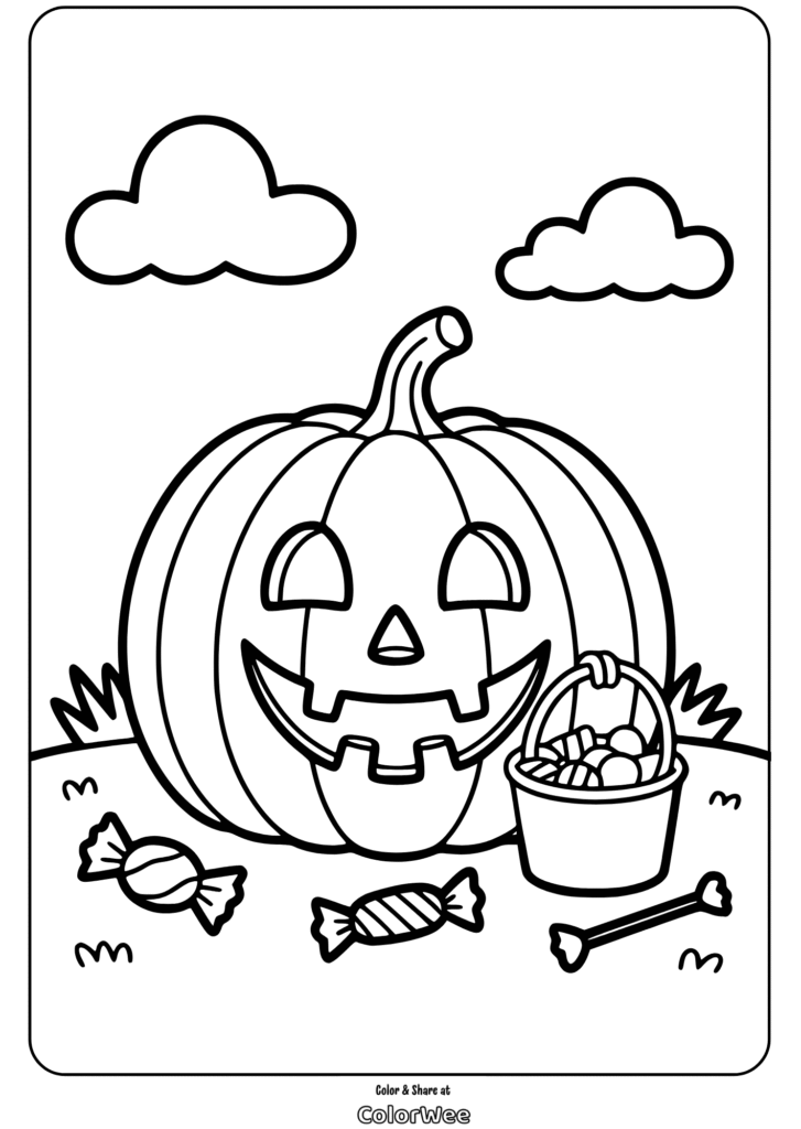 Pumpkin coloring page with candy basket and clouds.