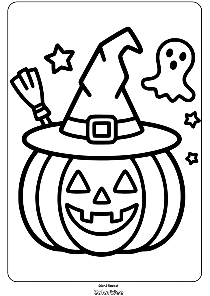 Halloween pumpkin with witch hat and ghost coloring page.