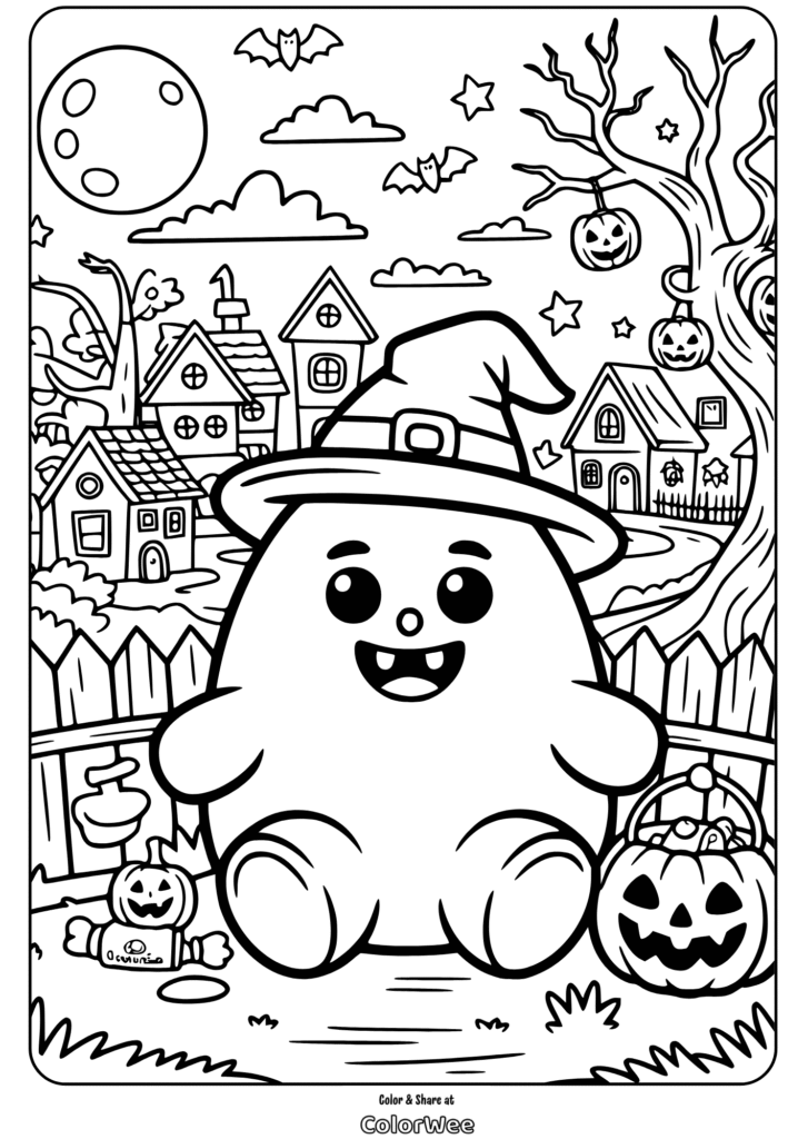 Halloween coloring page: cute monster in a witch hat with pumpkins.