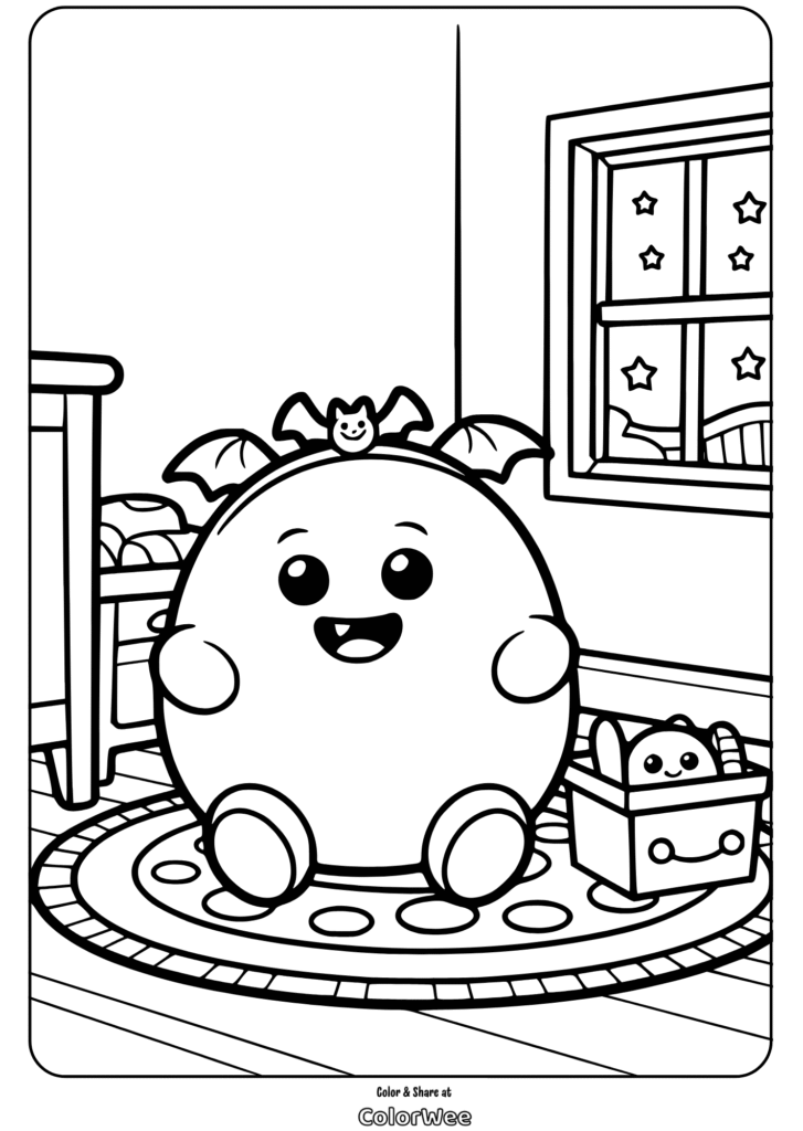 Cute bat-themed creature in a cozy room coloring page.
