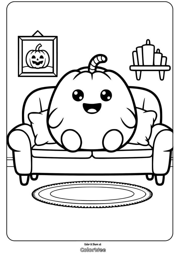 Smiling pumpkin on sofa coloring page for Halloween fun.