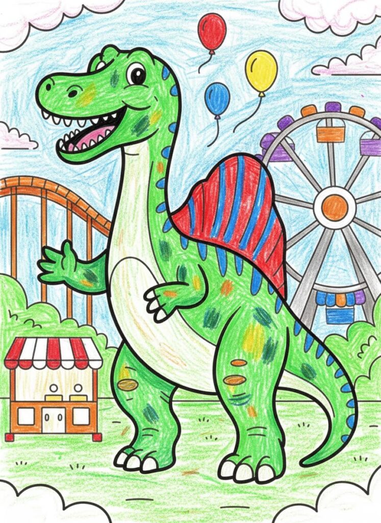 Colorful dinosaur at amusement park with balloons and Ferris wheel.