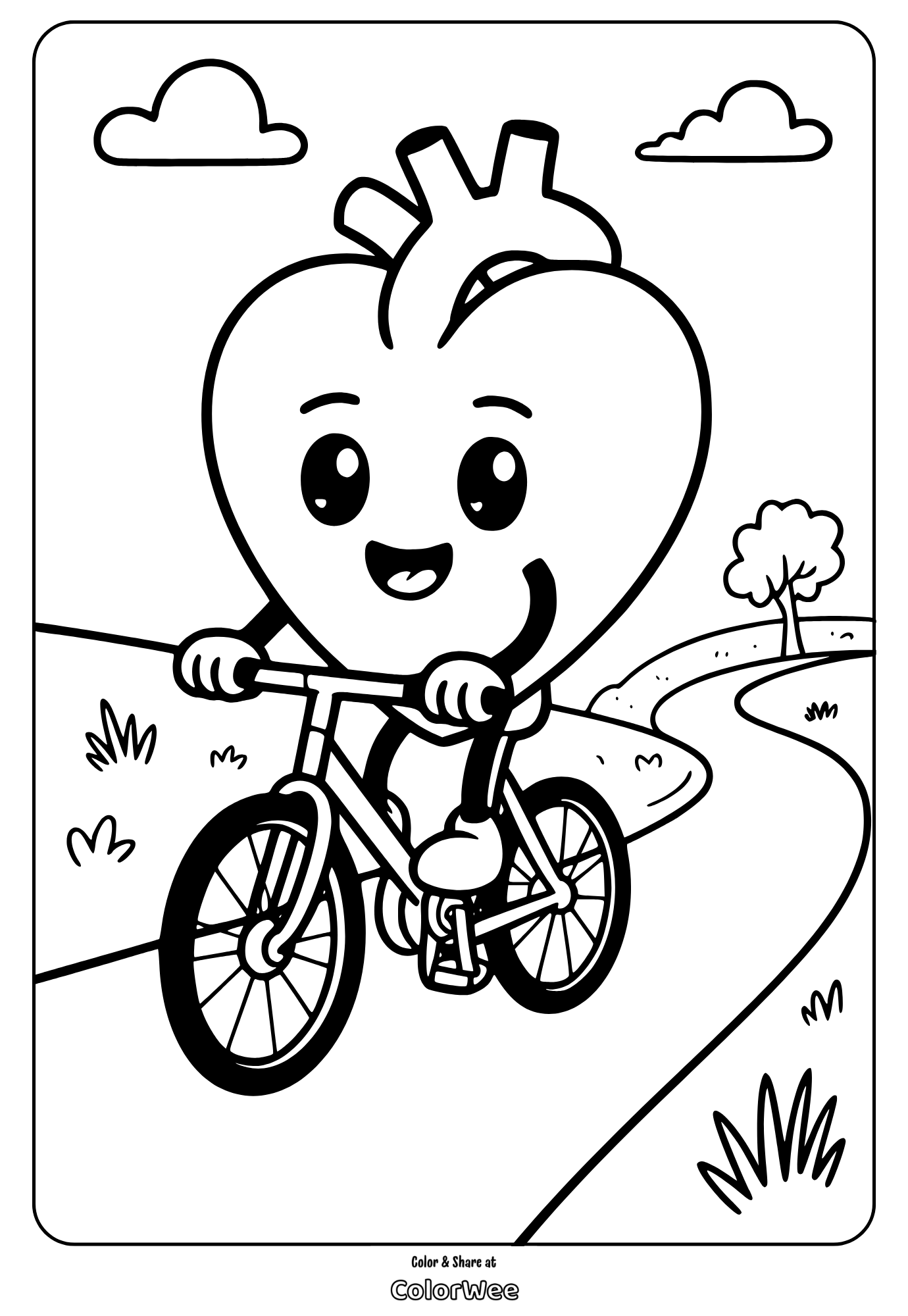 Smiling heart character biking on a scenic path coloring page.