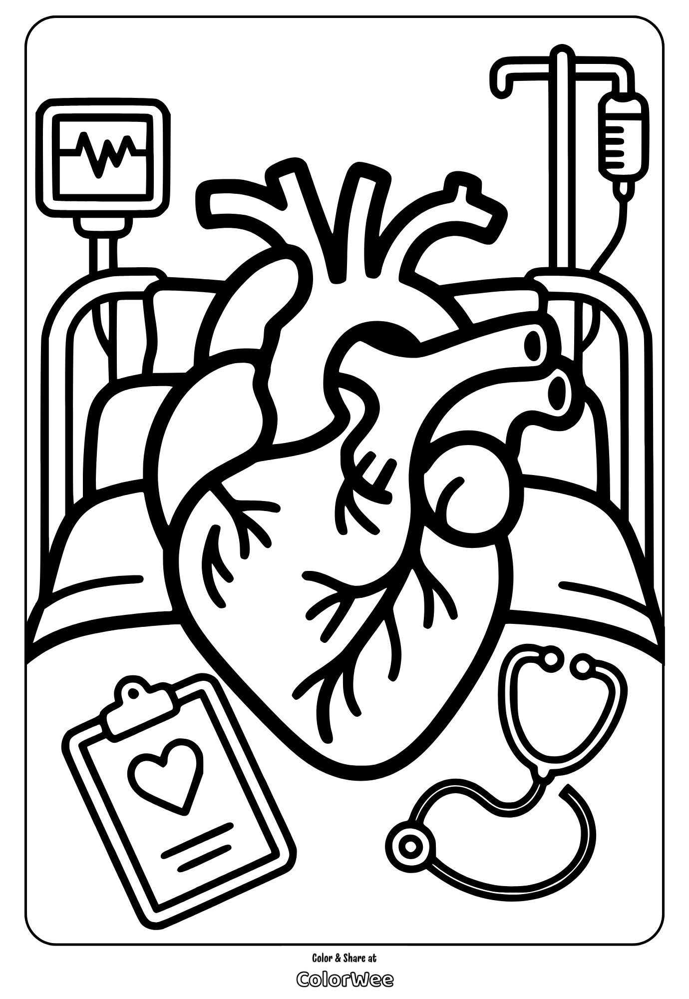 Medical coloring page with heart, stethoscope, clipboard, and monitor.