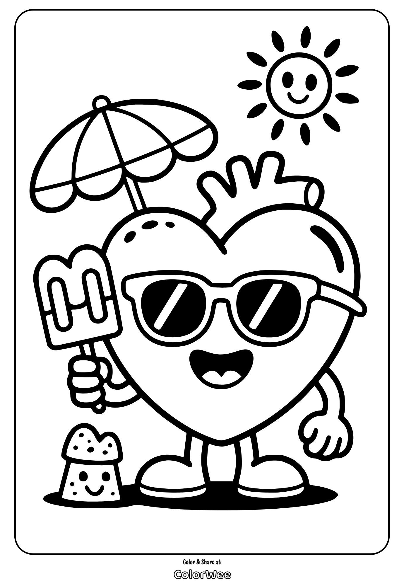 Heart-shaped character with sunglasses enjoying summer. Coloring page.