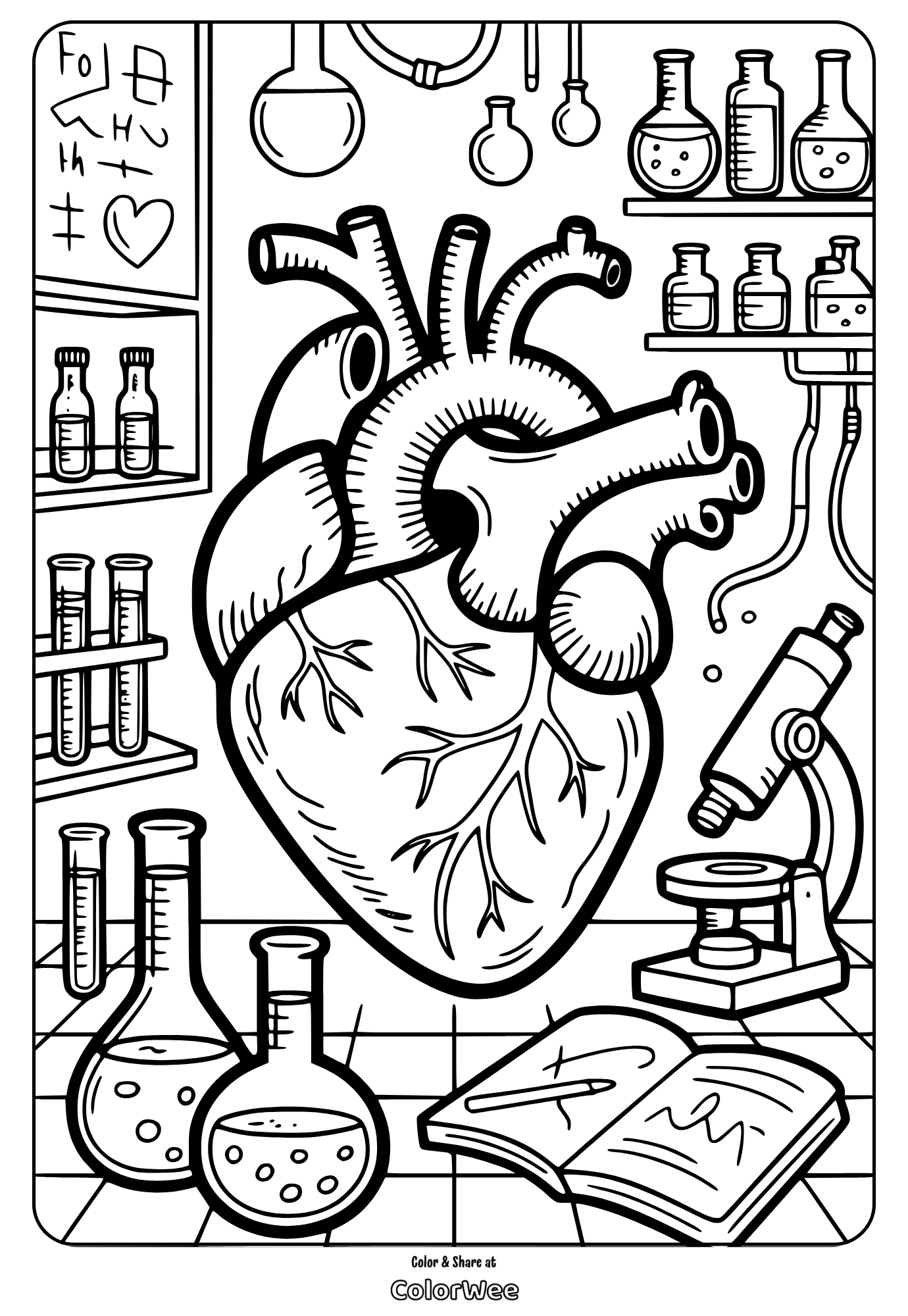 Anatomical heart in a lab with microscope and beakers coloring page.