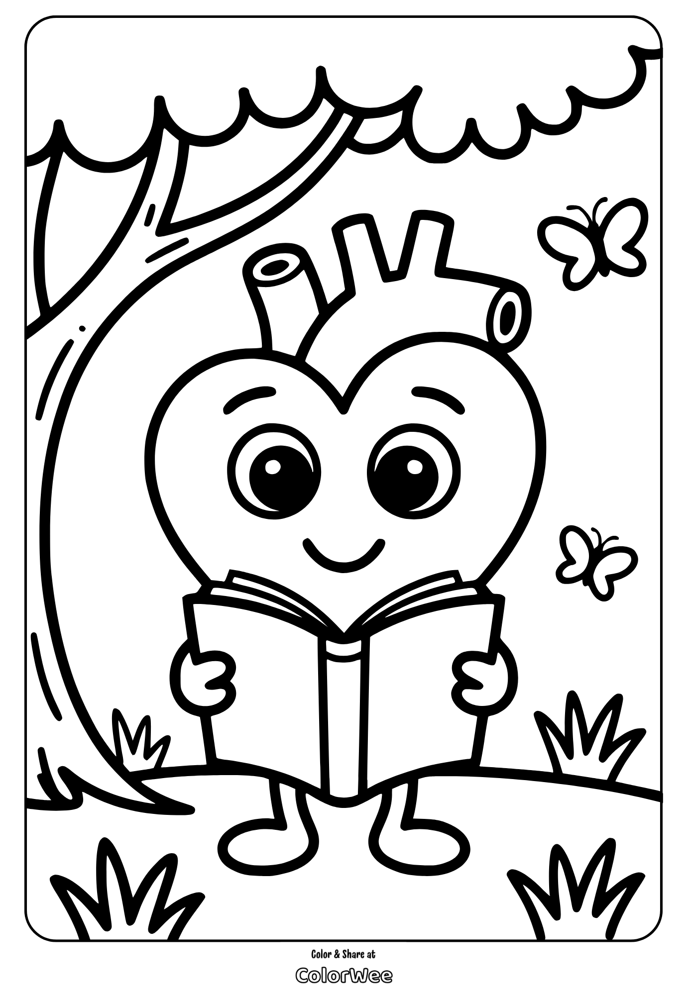Cute heart reading book under tree with butterflies, coloring page.
