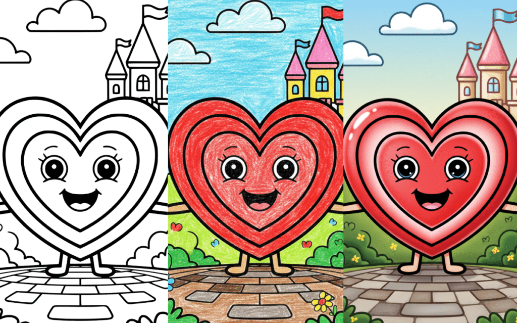 Smiling heart character at castle coloring pages
