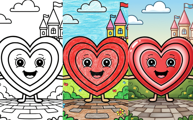 Smiling heart character at castle coloring pages